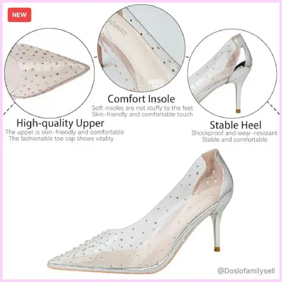 Rhinestone Stiletto Pumps Clear Leather Elegant Party Heels Slip On